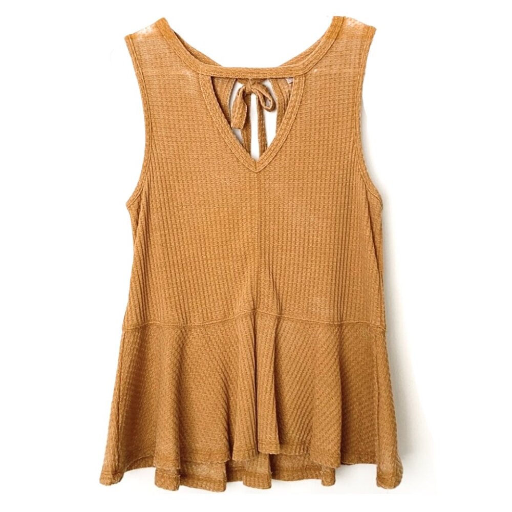 Others Follow Thermal Waffle Knit Textured Cut-Out Peplum Hem Tank Top in Yellow - Picture 10 of 14